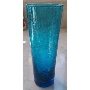 Blenko 1950s #3627 Chimney Highball - Crackle Glass - Teal - 8-3/4 inches